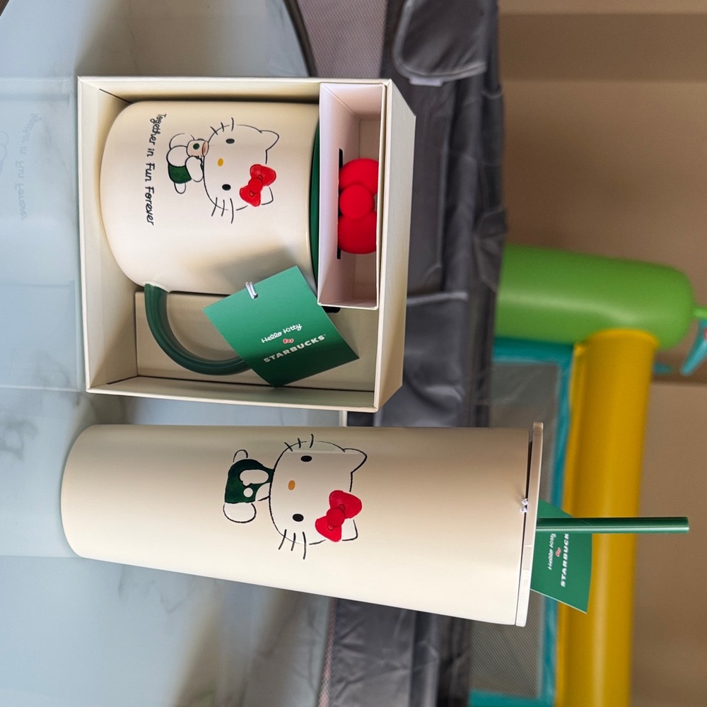 Starbucks Cream Tumbler with Green Straw and Hello Kitty Design